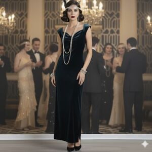 J. Peterman 1930s Greenacres Silk Velvet Dress 10 Lace Maxi Evening Gown Vintage